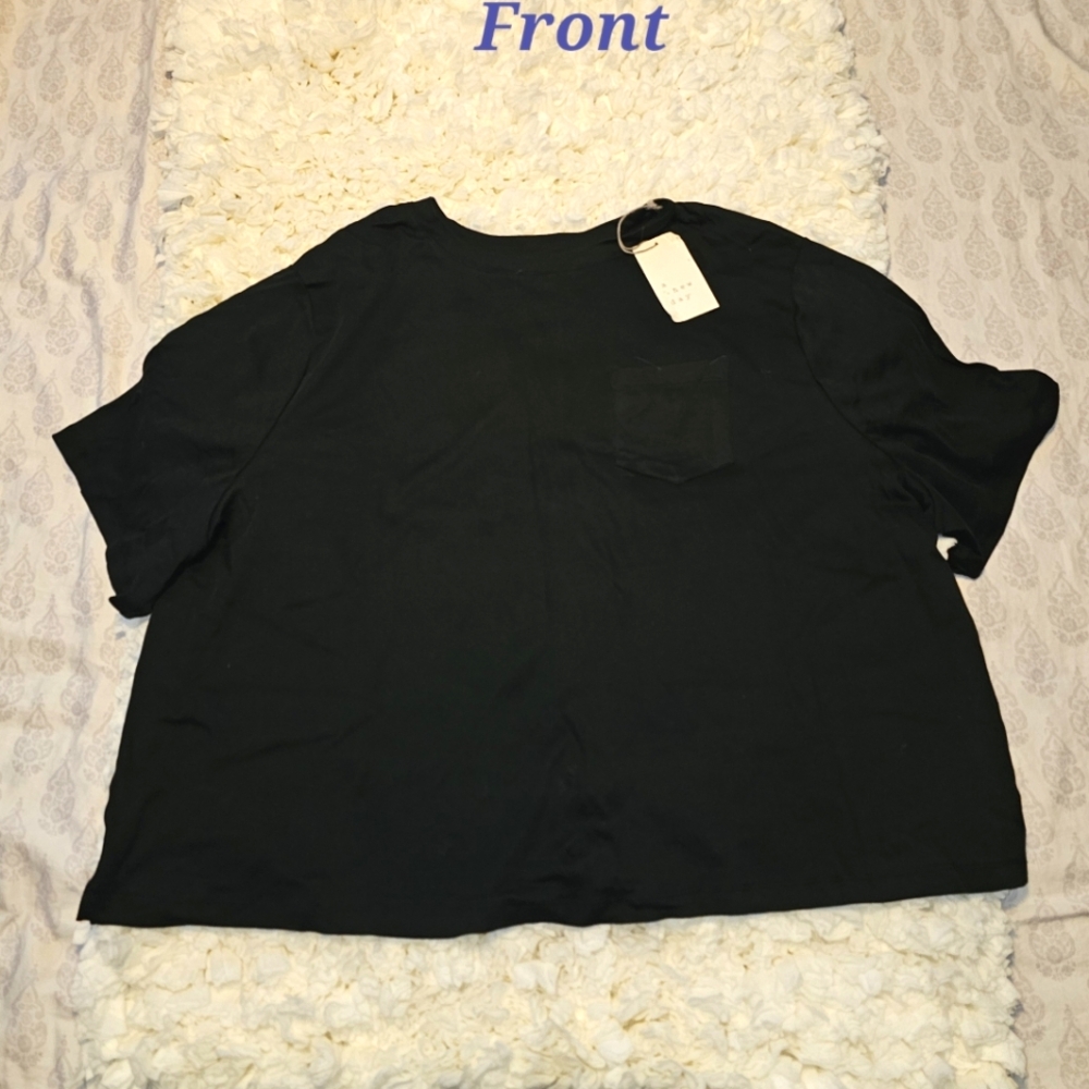 NWT A New Day Black Crop Top Front Pocket Crewneck T-Shirt 2XL